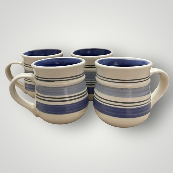 Pfaltzgraff Other - Pfaltzgraff Stoneware Striped Mugs Set 4 Blue White Rustic Farmhouse Coffee Cups